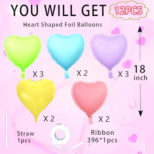 Image of 5 Colors Heart Balloons,18 Inch Color of Macaron Foil Mylar Love Heart Shaped Balloons for Anniversary Wedding Engagement Celebration Birthday Party Baby Shower Decorations(12Pcs)