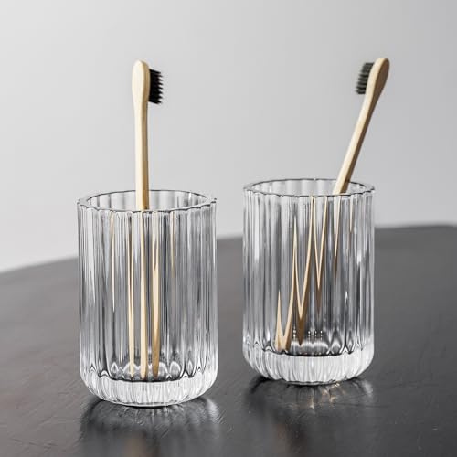2 piece Simple Transparent Vertical-Striped Bathroom Glass Toothbrush Cup Set