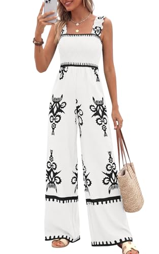 PRETTYGARDEN Womens Jumpsuit Casual One Piece Boho Summer Outfits Shirred Strap Wide Leg Long Pants Rompers With Pockets (White Black Flower, Medium)