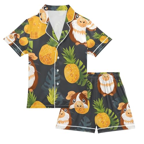 senya Guinea Pig Pineapple Satin Summer Pajama Sets Silk Short Sleeve Button Down Sleepwear