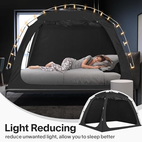 Image of EighteenTek Bed Canopy with Lights, Sleeping Dream Full Bed Tent, Portable Cottage Drafty Room Blackout Breathable Privacy Big Indoor Tents for Girls & Boys Bedroom Decor, Black