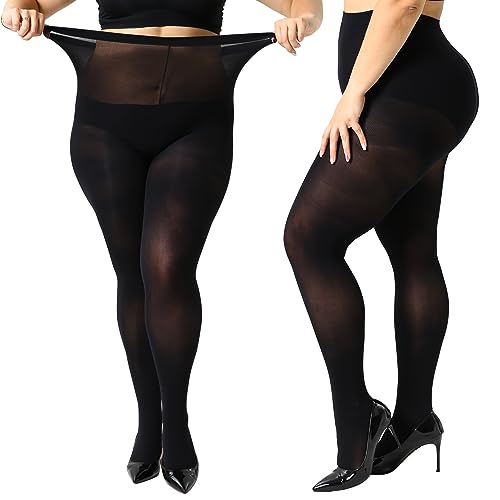 Yilanmy 2 Pairs Plus Size Tights for Women 70D Semi Opaque Control Top Pantyhose Queen Size High Waist Stockings