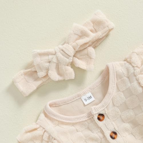 Kuriozud Baby Girl Fall Winter Clothes Ruffle Long Seeve Romper Top and Bow Pants Set with Headband Newborn Girl Outfit4