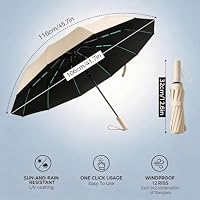 JITIFAZH Regenschirm 12 Rippen 3+2 Fiberglas, Automatik Auf-Zu, sturmfest & wasserdicht, 210T Teflon, UPF 50+ UV-Schutz, kompakter Taschenschirm für Damen Herren (Beige) – Ansicht 2