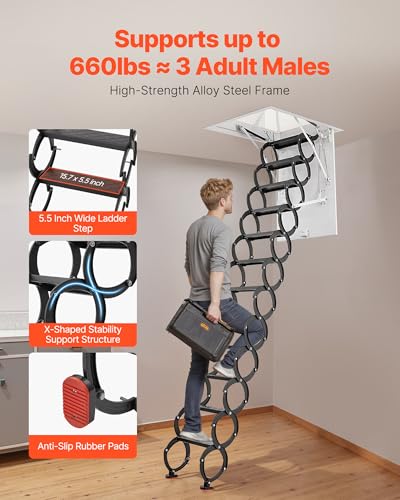 Image of VEVOR Attic Ladder, 660LBS /299.4KG Capacity, Fits 8.5 to 9.4 ft Ceiling Height and 39.4 x 27.5 inch Opening Size, Alloy Steel Pull-Down Retractable Ceiling Stair with Pulling Rod for Attic Loft Roof