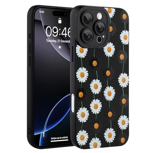 Image of Designed for iPhone 16 Pro Case, Cute Daisy Flower Floral Pattern Design, Slim Soft TPU Liquid Silicone Protective Cover for Women Girls - Black