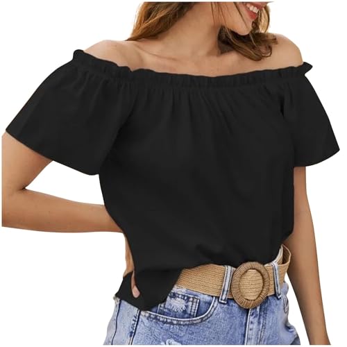 Damen Schulterfrei Rüschen Bluse Sexy Trägerlos Kurzarm T-Shirt...