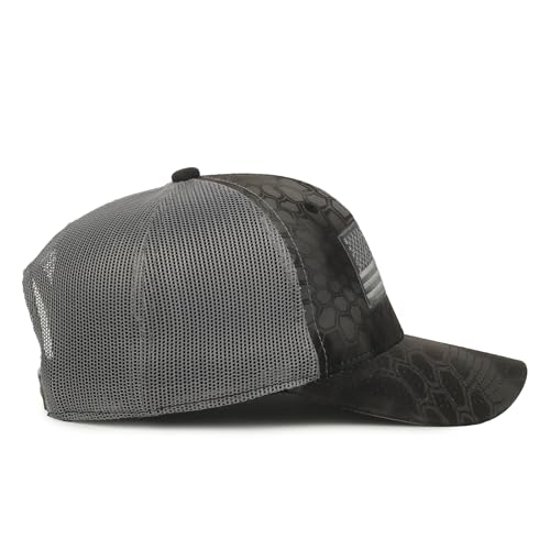 Image of Camouflage Flag Patch Trucker Hat - Cotton Canvas, Mesh Back, Structured High Crown, Plastic Snap Closure, One Size