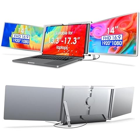 Portable Triple Monitor for Laptop,1080p 14-Inch FHD IPS Screen,[Only 1 Cable Connect Dual Displays],Dual Portable Monitor Extender with Stand,USB-A/Type-C Plug,Play for Windows&Mac (13"-17") Cover