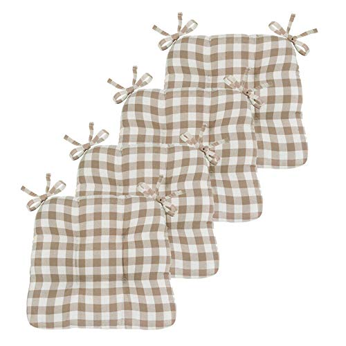GoodGram Gingham Plaid Buffalo Checkered Premium Plush Country Farmhouse Chair Cushion Pads with Tear Proof Ties-Assorted Colors, 16 in. L x 15 in. W x 3.5 in. D, Linen