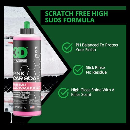 3D Pink Car Soap – 16 oz |pH Neutral Car Wash Soap with High Suds & Cherry Scent | Scratch-Free, High Gloss Shine | Safe on Wax & Sealants | Weekly Car Care