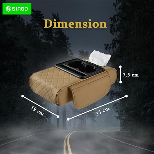 Image of SIAGO SIA399 Premium Car Armrest Cover | 5-in-1 Center Console Organizer with Cup Holder, Phone Slot, & Storage Bags | Anti-Slip PU Leather Cushion for Sedans & SUVs (Beige)
