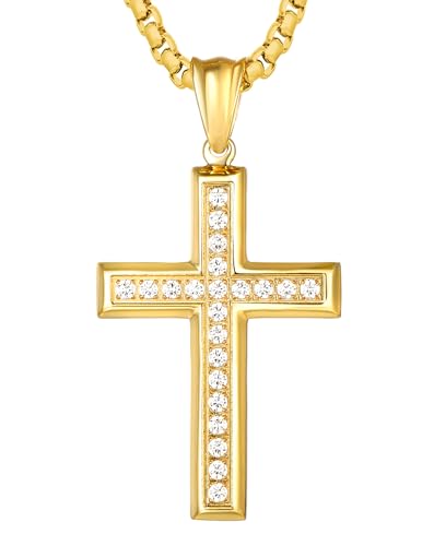 Deerllia Cross Necklace for Men Stainless Steel Crucifix Pendant Silver Gold Yellow Beveled Edge Jesus Christ Plain Simple Women Fine Jewelry Gifts with Zirconia, 24 Inches Rolo Chain