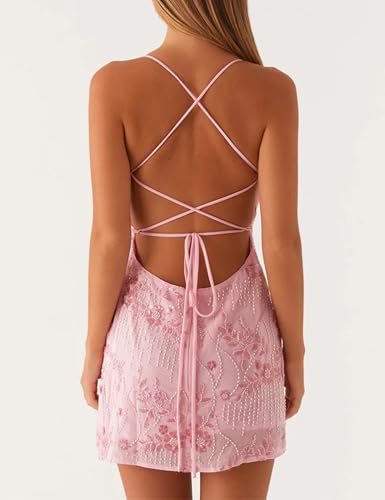 Sexy Sparkly Sequin Mini Dress for Women Sleeveless Halter Open Back Strap Party Club Cocktail Bodycon Short Outfits Pink4