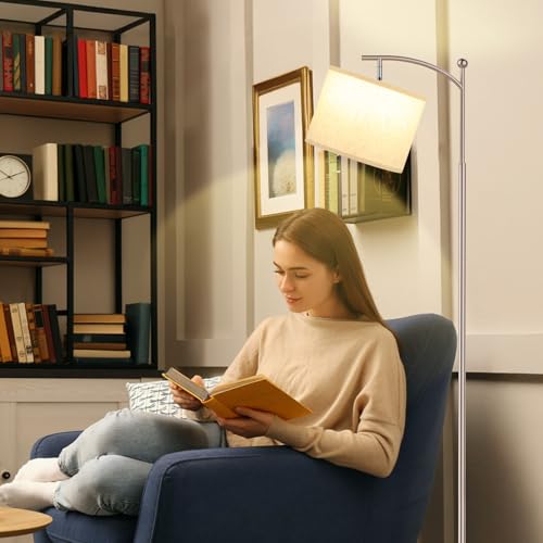 Image of Ambimall 60 inch Floor Lamp for Living Room with 3 Color Temperatures, Adjustable Beige Shade with Light Gold Pole, Tall Lamp for Bedroom Office Classroom Dorm Room, 9W Bulb Included