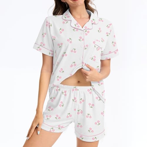 Image of Ammiko Womens Pajamas Set Y2k Loungewear Pajama Button Down Top and Shorts Monkey Beach Short Sleeve Sleepwear Preppy