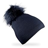 fiebig Strickmütze mit Kunstfell Bommel | Glitzer Mütze aus Wolle mit Fleece-Futter für Damen | Beanie Made in Europe (Blau)