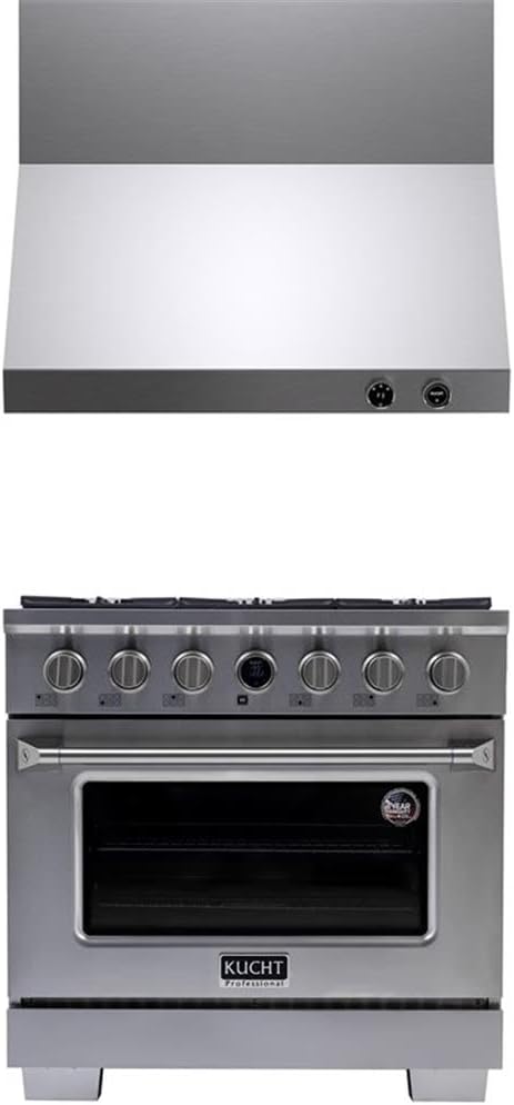 Pemberly Row 36" Dual Fuel Range with 5.2 cu. ft. Oven and Wall Mount Range Hood, Stainless Steel Finish, 6 Burners, Pro-Style Design for Gourmet Kitchen Cooking and Ventilation