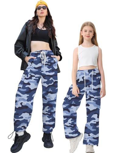 Betusline Girls & Women's High Waist Wide Leg Cargo Pants Y2K Parachute Pants with Pockets and Drawstring 6 Years-Women 2XL