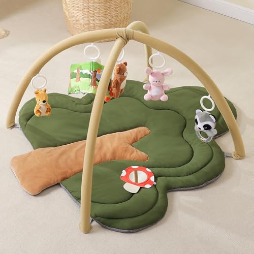 Image of PIIKAGO Baby Play Gym Mat, Tree-Shaped Tummy Time Mat with 6 Detachable Toys, Woodland Thick & Plush Play Mat for Babies 0-6 Months, Baby Activity Mat, Newborn Infant Baby Essentials Gift