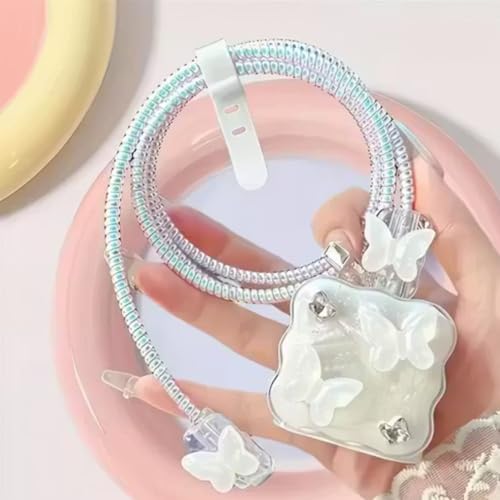 Image of Cable Protector with 3D Cute Pattern for iPhone Charger only 18W & 20W, Data Charging Cable Wire Saver Protective Cable Cover Full Protection Cable Sleeve (White Butterfly)