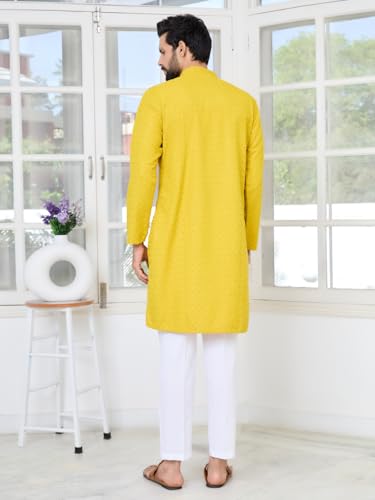 Image of See Designs Men's Full Sleeve Mandarin Collar Embroidered Thread Work Sequinned Rayon Straight Long Kurta - Festive Collection