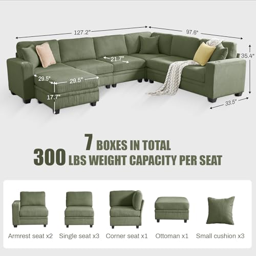 Modular Sectional Sofa, Corduroy 7-Seater Corner Couch with Ottoman Chaise, Convertible L-Shaped U-Shaped Sofa, Sectional Couches for Living Room, Apartment, Green - Image 3