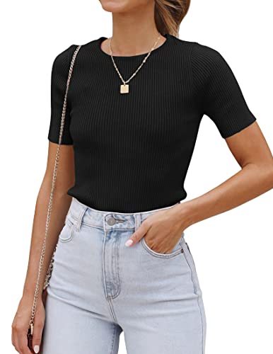 Image of ZESICA Women's Short Sleeve Sweater Tops 2026 Summer Crewneck Basic T Shirt