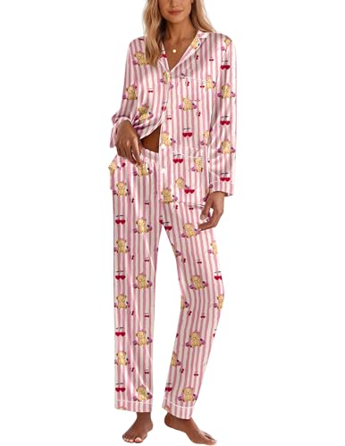 Image of Ekouaer Pajamas for Women Silk Satin Button Down Long Sleeve Pajama Sets