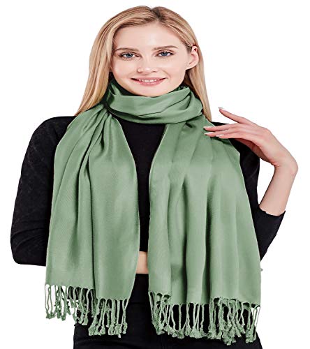 CJ Apparel Laurel Green Sage/Light/Pale/Grey Green Solid Color Tassels Design Nepalese Shawl Wrap Stole Throw Head Wrap Pashmina Hand Made in Nepal New4