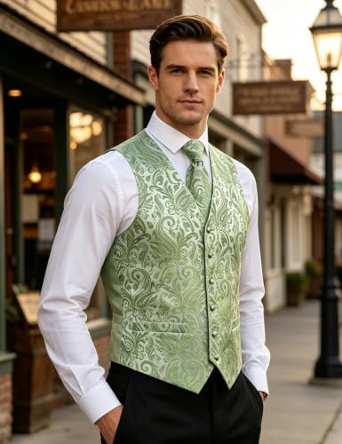 Image of DiBanGu Mens Vest and Tie Set Formal Paisley Waistcoat and Necktie Pocket Square Cufflinks Silk Suit Vest for Tuxedo Wedding