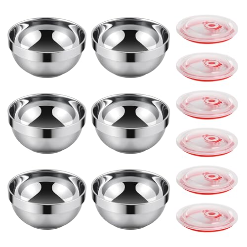 ZANAUWEKED 6 Set Stainless Steel Bowls for Kitchen,12oz Stainless Steel Bowl with Lids,Double Walled Insulated Soup Bowl, Metal Serving Eating Bowls for Snack,Cereal, Rice,Hot and Cold Food