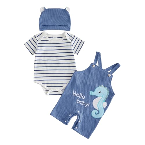 Image of XIXIMAON Newborn Baby Boy Two Piece Outfits Short Sleeve Striped Rompers Cute Animal Letter Embroidery Dungaree Shorts Set Bear Hat 0-18M Summer Clothes (Blue, 3-6 Months)