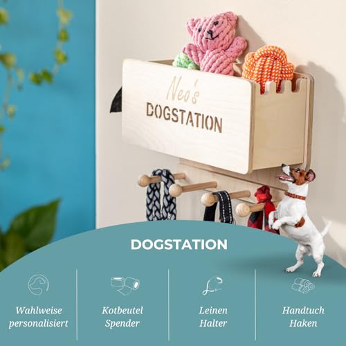 INEXTERIOR Hundegarderobe CLASSIC aus Holz - personalisierbar - in Deutschland handgefertigt - Aufbewahrung für Hundeleinen (Natur, Schriftzug Dogstation + Name)