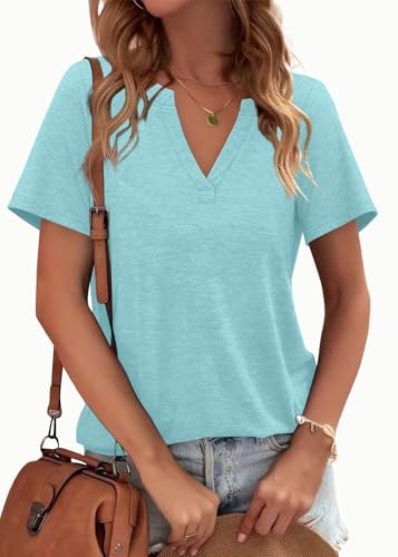 Image of WEESO Womens Tops Summer Short Sleeve V Neck Blouses Business Casual Loose Fit Tshirts Trendy Fashion Outfits