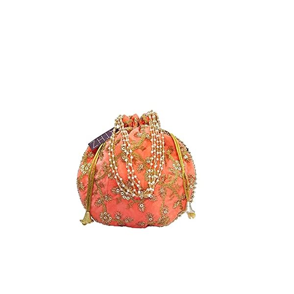 ATHZ Velvet Potli bag (Pack of 2 Potli) Peach Velvet Matka Designer Potli handbags for Women wedding party and Return gift potli for party accessories .Outer Golden Embroidered Design - Image 5