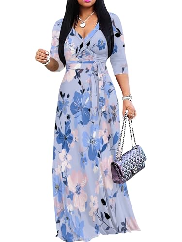 Image of Plus Size Dresses for Women Floral Print Maxi Dress Flowy 3 /4 Sleeve with Belt