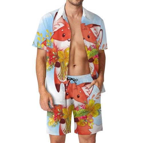Chemise Hawaïenne Homme Renard Ensemble Short Pantalon pour Plage et Vacances