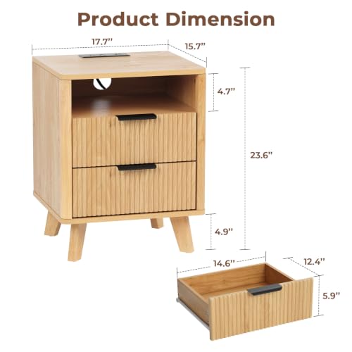 HOMMPA 18'' Fluted Nightstand with Charging Station, Modern Bedside Table, 2 Drawer Bed Side End Table with Open Compartment & 4 Support Legs, Wood Night Stand for Bedroom, Curved Profile Design - image 2