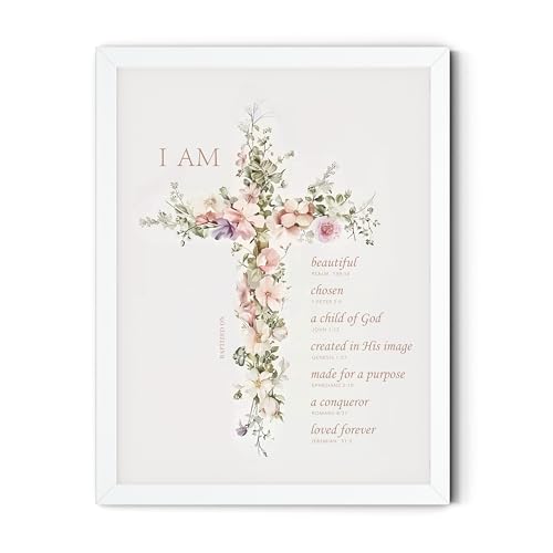 TwoDays Baptism Gifts for Girl Floral Bible Verse Cross Christening Wall Art for Kids Christian Confirmation Keepsake First Communion Party Decor for Boys (8 X 10 White Framed)