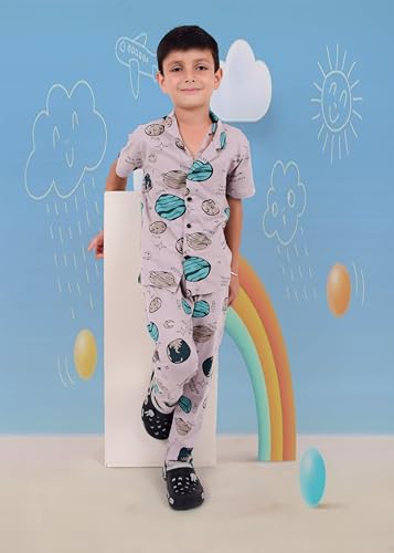 Image of 3BROS Unisex Pure Cotton Short Sleeve Kids Night Dress for Boys & Girls Nightwear /Sleepsuit /Sleepwear /Loungewear Night Suit for Boys and Girls Top and Pyjama Combo Set | JB20HS6031-Parent