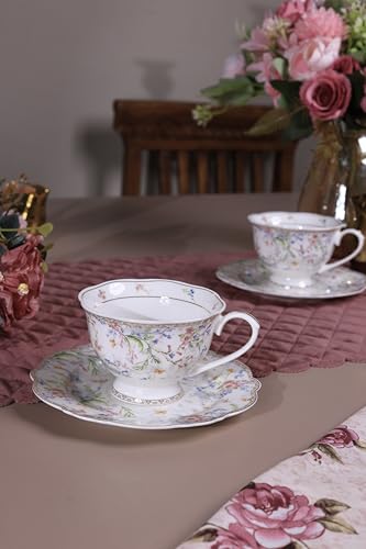 Image of Vigneto Floral Flower Bed Cup and Saucer Set (Vintage Collection) for Tea /Coffee /Hot Drinks | Set of 6 Cup & 6 Saucers, 210 ML | Finest Premium Porcelain | Scratch Resistant | Chip Resistant
