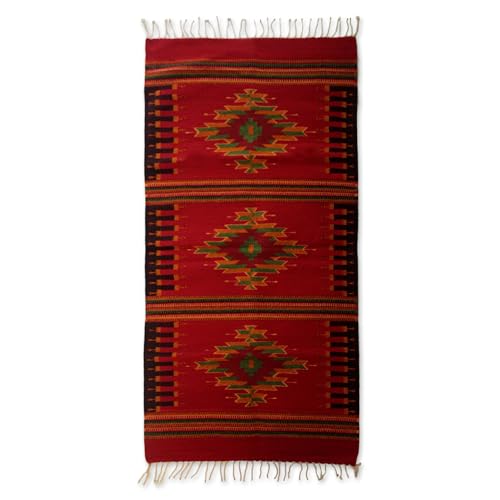 Novica Zapotec Wool Rug Red Diamond 2.5x5 Oaxaca Colors