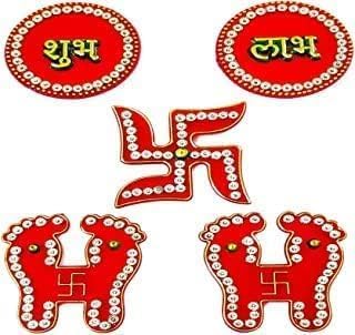 Urmila Fashion Traditional Meenakari Embellished Acrylic Designer Shubh Labh Sticker, Swastik and Goddess Laxmi Charan Paduka for Door and Wall Decoration (Shubh Labh)