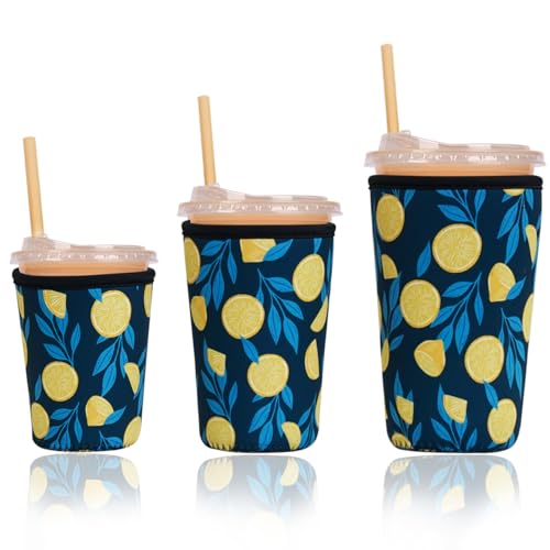 Image of Reusable Insulated Sleeve for Iced Coffee Cup, 3-Pack Coffee Neoprene Drink Sleeve for Cold & Hot Drinks, Beverage Holder for Iced Coffee (Navy Lemons)