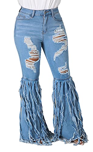BestGirl Women's Bell Bottom Jeans Destoryed Ripped Flare Jeans Elastic Waist Raw Hem Denim Pants