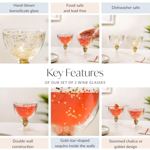 Image of Nestasia Glass Set Of 2 Double Wall Goblets | 250Ml, Gold Star-Shaped Sequins, Dishwasher Safe, Stemmed Design, Elegant Drinkware For Wine, Iced Lattes, Brandy & Mocktails