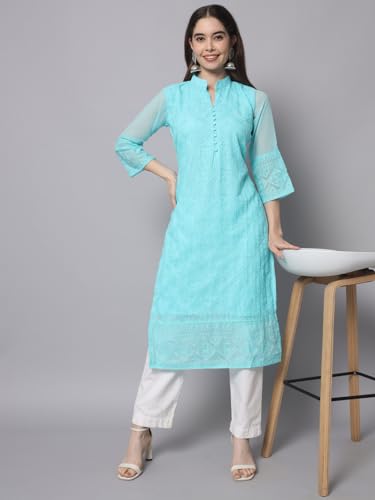 Image of Ekasya Women's Georgette Embroidered Work Kurta with Notch Neck 3 /4 Sleeves Straight Cut Calf Length | E1547