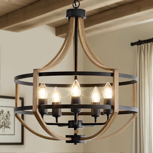 20 Farmhouse Chandelier for Dining Room 5-Light Rustic Brown Faux Wood Pendant Light Fixtures Black Frame Foyer Chandelier for Entryway Kitchen Island Bedroom Living Room
