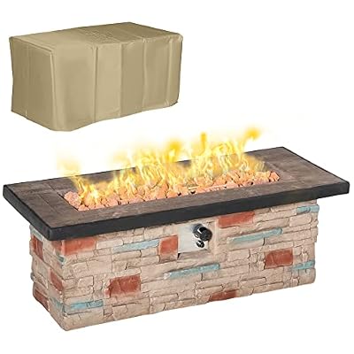 Outsunny 48 Inch Outdoor Propane Gas Fire Pit Table, 50,000 BTU Auto-Ignition Rectangular Faux Ledge Stone Gas Firepit with Lava Rocks and Rain Cover, CSA Certification, Brown